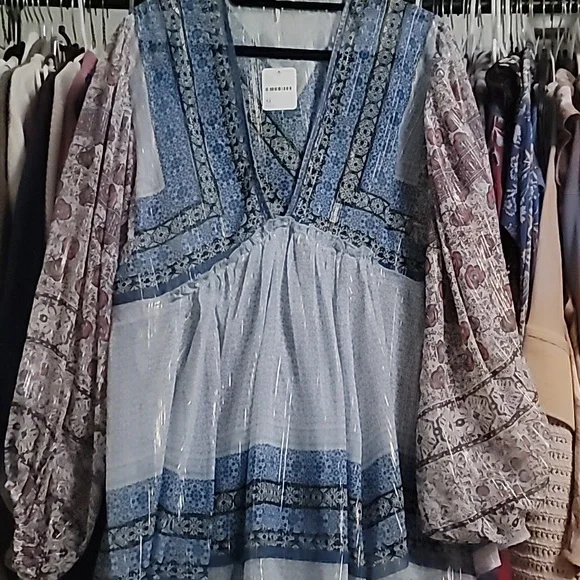 NWT, Free People, Blue Aliyah Printed Tunic, Blue Combo, M - Picture 4 of 7